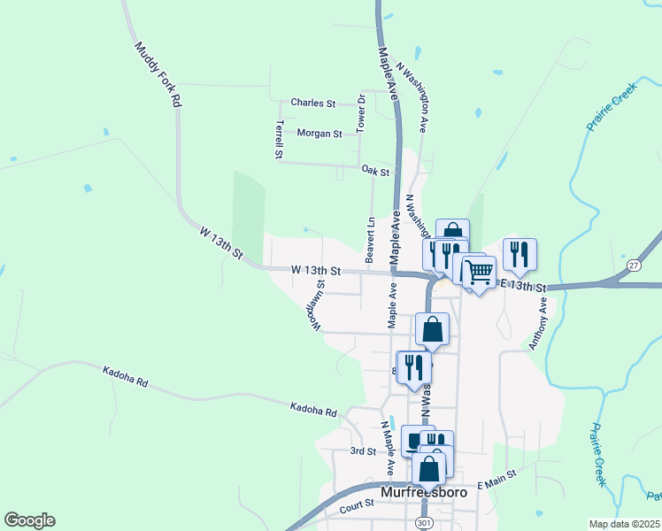 map of restaurants, bars, coffee shops, grocery stores, and more near 433 West 13th Street in Murfreesboro
