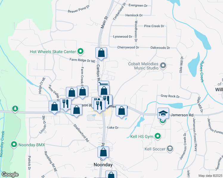 map of restaurants, bars, coffee shops, grocery stores, and more near 4879 Deen Road in Marietta