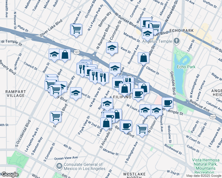 map of restaurants, bars, coffee shops, grocery stores, and more near 2240E West Temple Street in Los Angeles