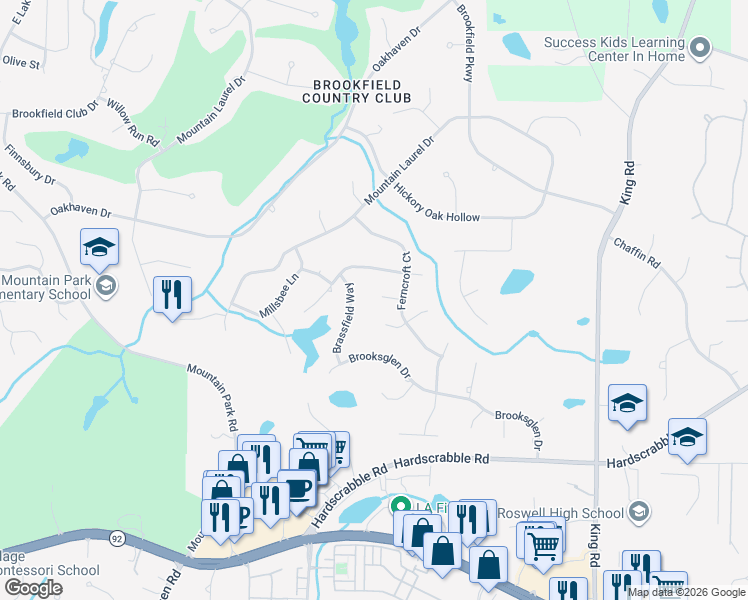 map of restaurants, bars, coffee shops, grocery stores, and more near 420 Timber Crest Lane in Roswell