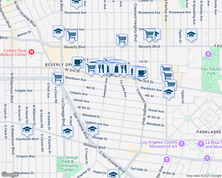 map of restaurants, bars, coffee shops, grocery stores, and more near 8263 West 4th Street in Los Angeles