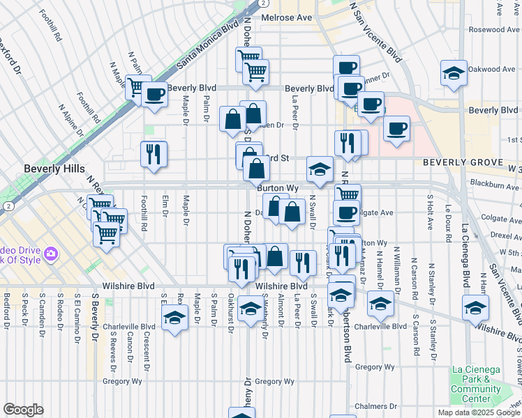 map of restaurants, bars, coffee shops, grocery stores, and more near 303 North Wetherly Drive in Beverly Hills