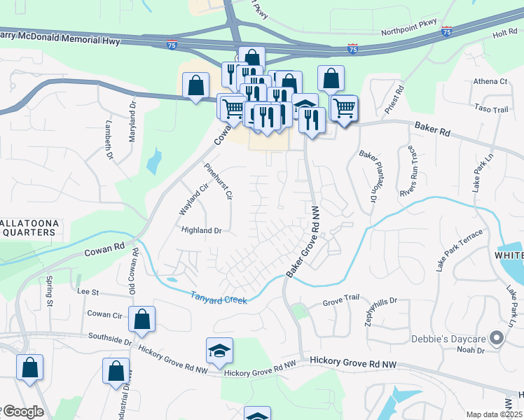 map of restaurants, bars, coffee shops, grocery stores, and more near 201 Windcroft Lane Northwest in Acworth