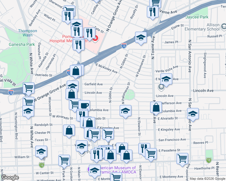 map of restaurants, bars, coffee shops, grocery stores, and more near 365 Lincoln Avenue in Pomona