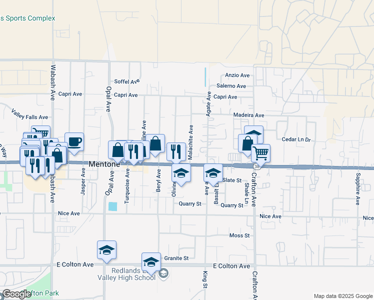 map of restaurants, bars, coffee shops, grocery stores, and more near 1321 Malachite Avenue in Mentone