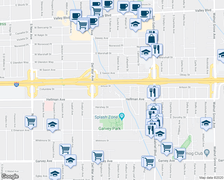map of restaurants, bars, coffee shops, grocery stores, and more near 7922 Artson Street in Rosemead