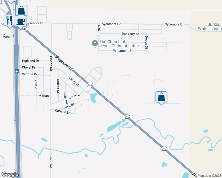 map of restaurants, bars, coffee shops, grocery stores, and more near 1319 Lucille Street in Burkburnett