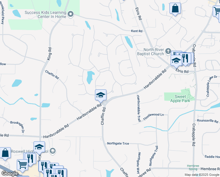 map of restaurants, bars, coffee shops, grocery stores, and more near 395 Clubfield Drive in Roswell