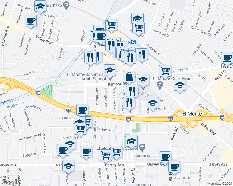 map of restaurants, bars, coffee shops, grocery stores, and more near 3420 Washington Avenue in El Monte