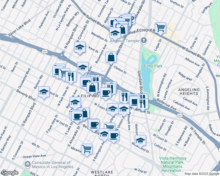 map of restaurants, bars, coffee shops, grocery stores, and more near 445 North Westlake Avenue in Los Angeles