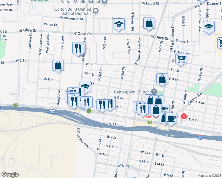 map of restaurants, bars, coffee shops, grocery stores, and more near 582 West F Street in Colton