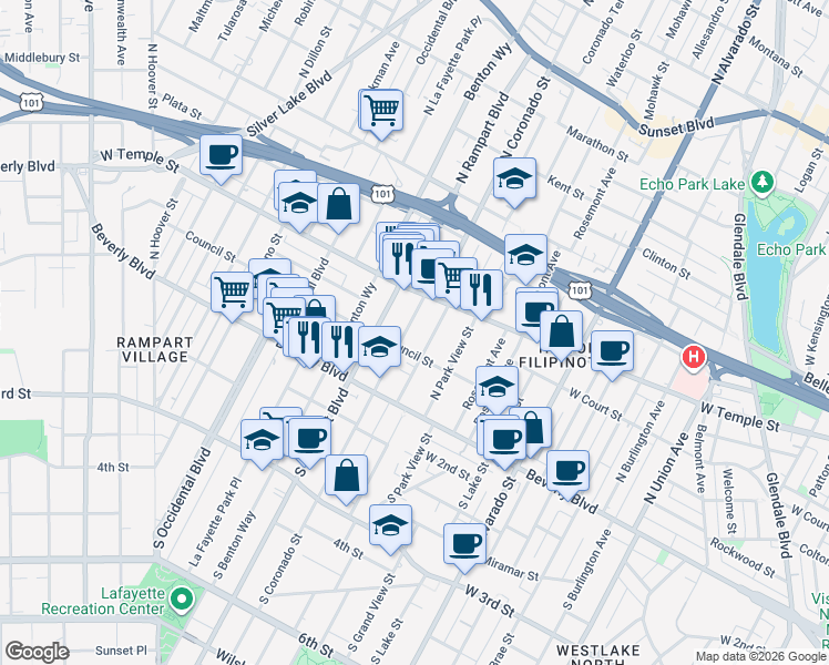 map of restaurants, bars, coffee shops, grocery stores, and more near 207 North Coronado Street in Los Angeles