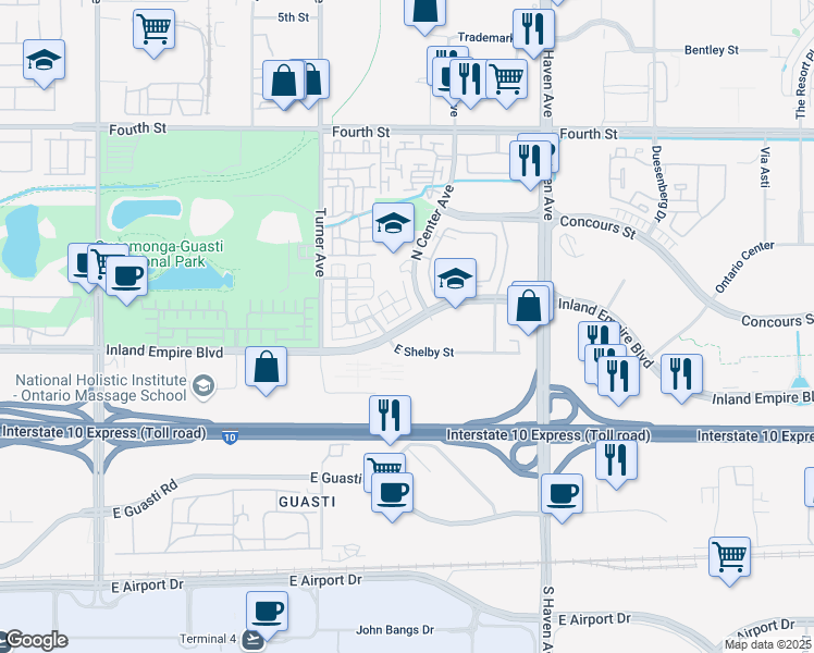 map of restaurants, bars, coffee shops, grocery stores, and more near 3200 Inland Empire Boulevard in Ontario