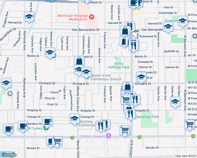 map of restaurants, bars, coffee shops, grocery stores, and more near 10057 Geneva Avenue in Montclair
