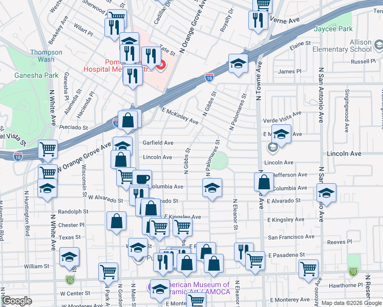 map of restaurants, bars, coffee shops, grocery stores, and more near 365 Lincoln Avenue in Pomona