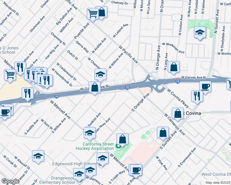 map of restaurants, bars, coffee shops, grocery stores, and more near 1123 South Sunkist Avenue in West Covina