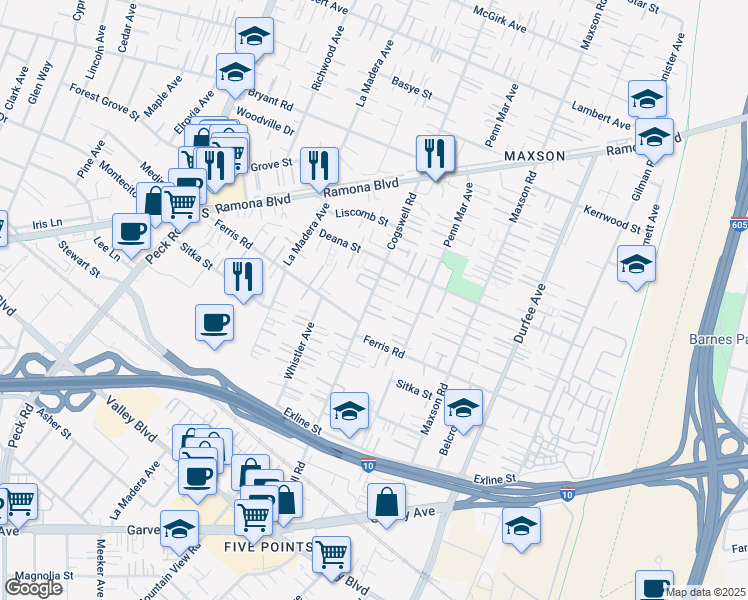 map of restaurants, bars, coffee shops, grocery stores, and more near 3714 Cogswell Road in El Monte
