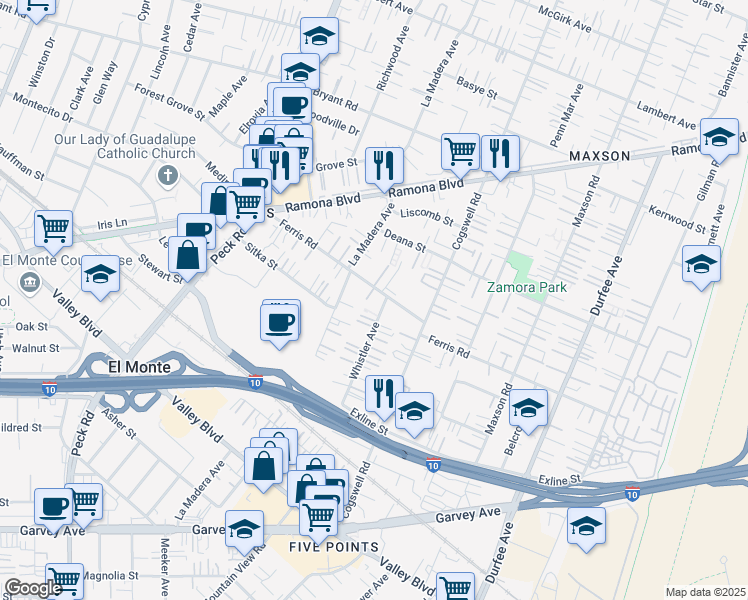 map of restaurants, bars, coffee shops, grocery stores, and more near 3587 Whistler Avenue in El Monte