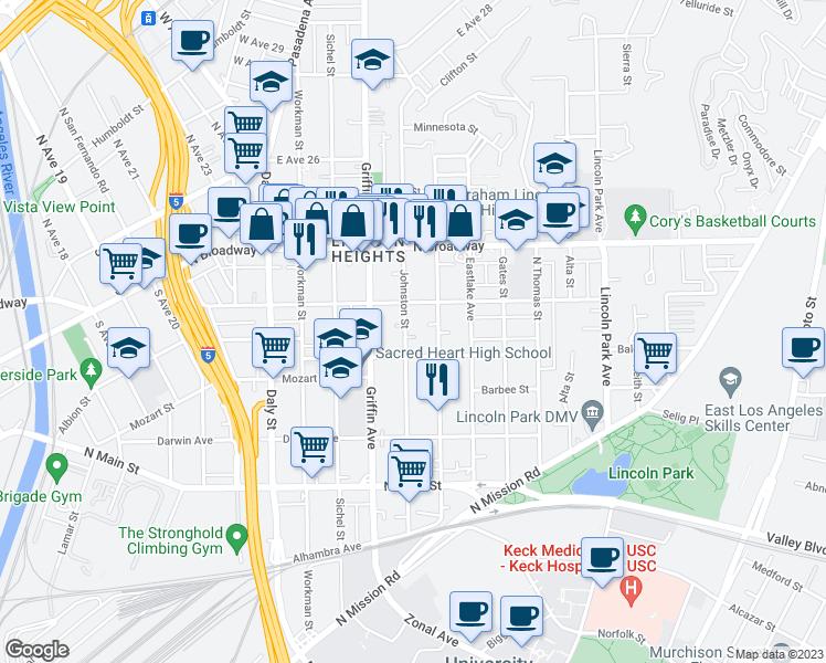 map of restaurants, bars, coffee shops, grocery stores, and more near 2227 Johnston Street in Los Angeles