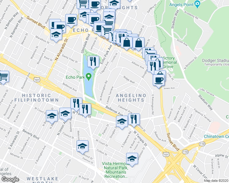 map of restaurants, bars, coffee shops, grocery stores, and more near 666 Laveta Terrace in Los Angeles