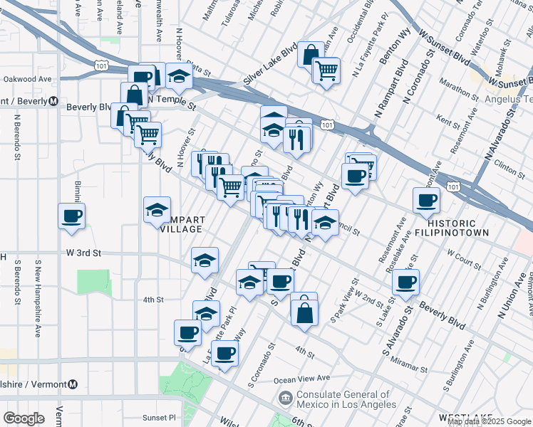 map of restaurants, bars, coffee shops, grocery stores, and more near in Los Angeles