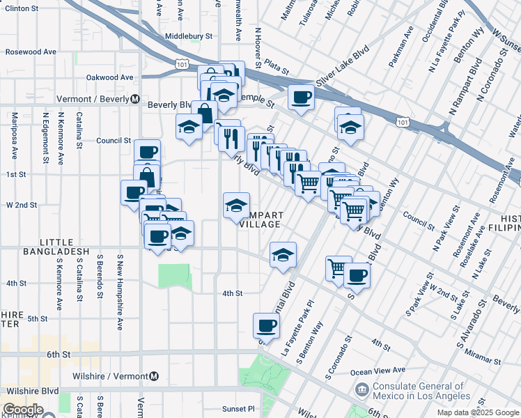 map of restaurants, bars, coffee shops, grocery stores, and more near in Los Angeles