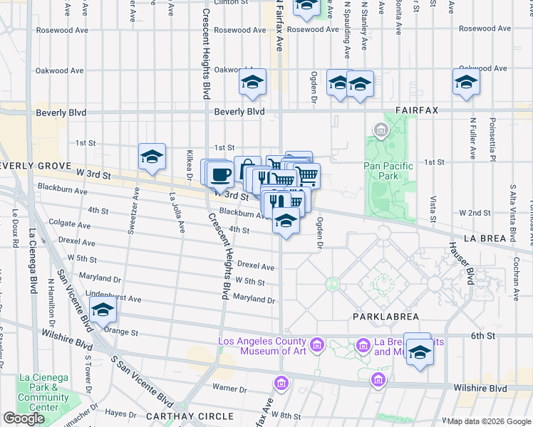 map of restaurants, bars, coffee shops, grocery stores, and more near 7911 Blackburn Avenue in Los Angeles