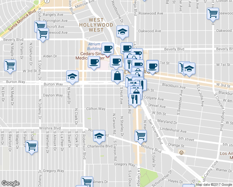map of restaurants, bars, coffee shops, grocery stores, and more near 427 South Holt Avenue in Los Angeles
