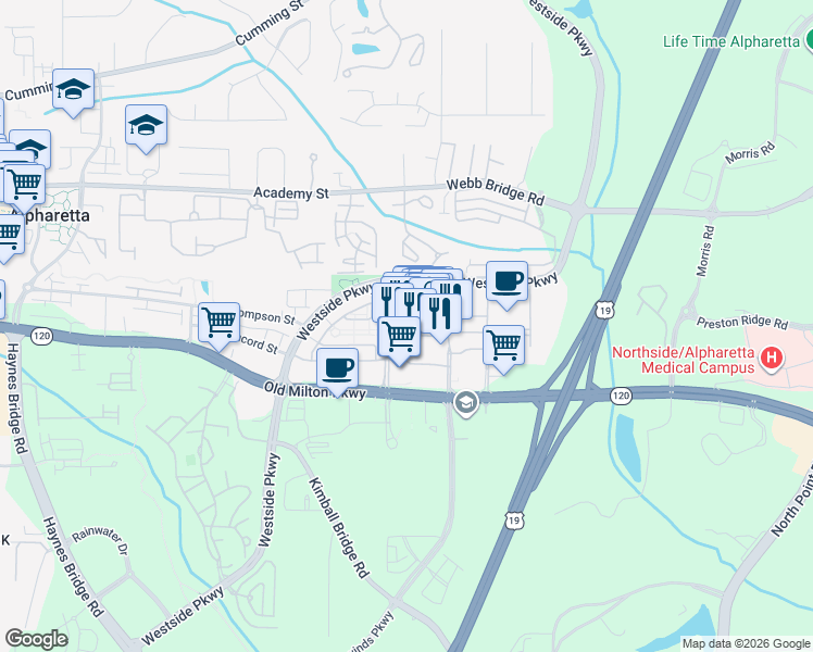 map of restaurants, bars, coffee shops, grocery stores, and more near 4306 Avalon Boulevard in Alpharetta