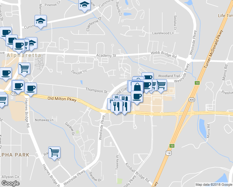map of restaurants, bars, coffee shops, grocery stores, and more near Westside Parkway in Alpharetta