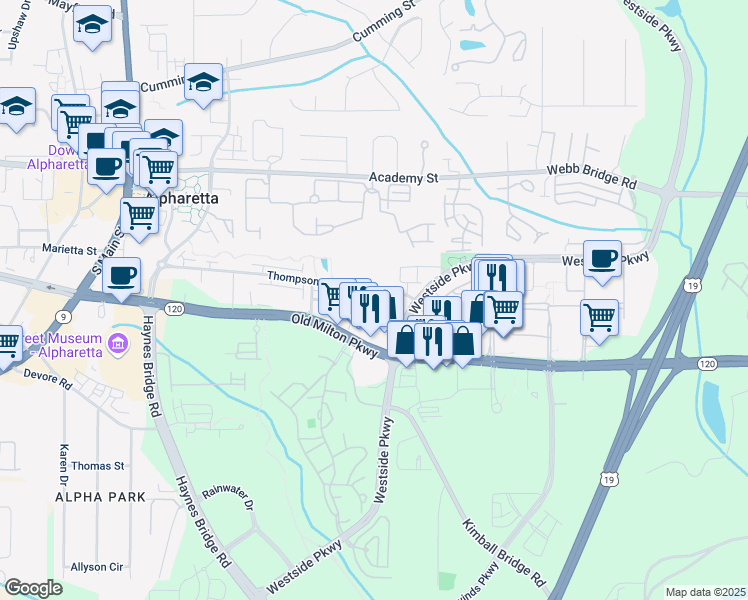 map of restaurants, bars, coffee shops, grocery stores, and more near 261 Thompson Street in Alpharetta