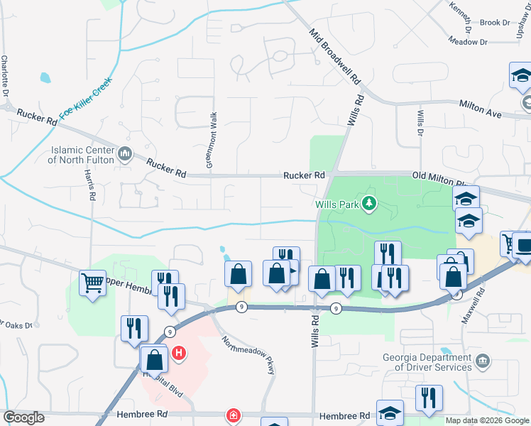 map of restaurants, bars, coffee shops, grocery stores, and more near 170 Arrowood Lane in Alpharetta