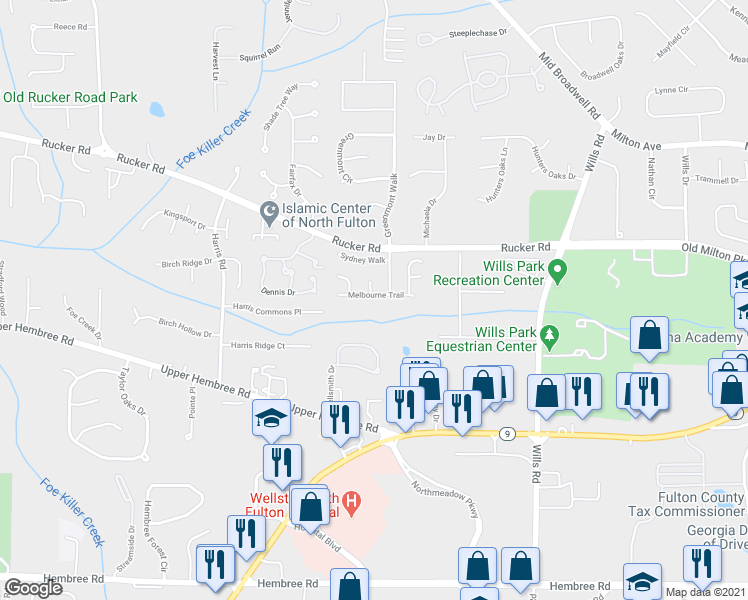 map of restaurants, bars, coffee shops, grocery stores, and more near 815 Melbourne Trail in Alpharetta
