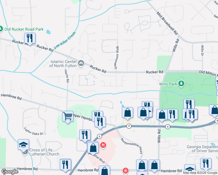 map of restaurants, bars, coffee shops, grocery stores, and more near 795 Melbourne Trail in Alpharetta