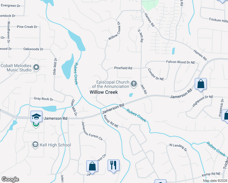 map of restaurants, bars, coffee shops, grocery stores, and more near 4930 Willow Lane in Marietta