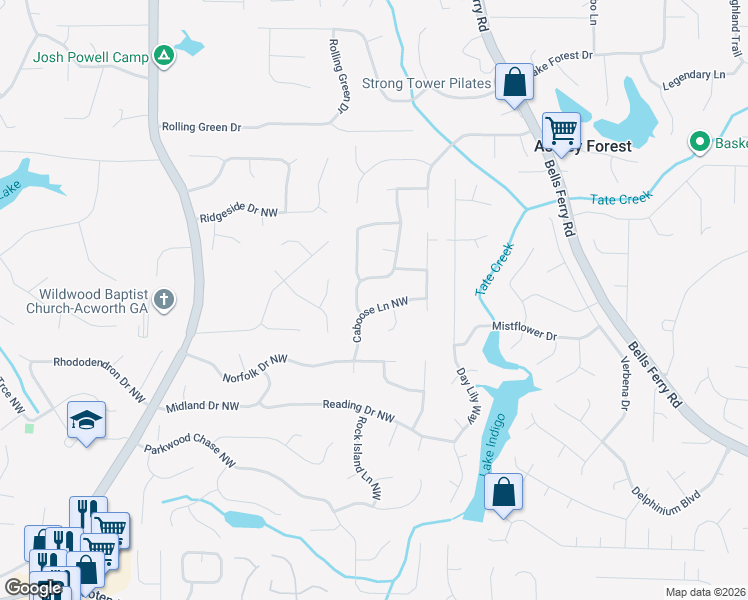 map of restaurants, bars, coffee shops, grocery stores, and more near 4841 Caboose Lane Northwest in Acworth
