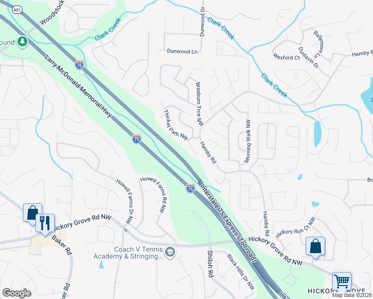 map of restaurants, bars, coffee shops, grocery stores, and more near 4825 Thicket Path Northwest in Acworth