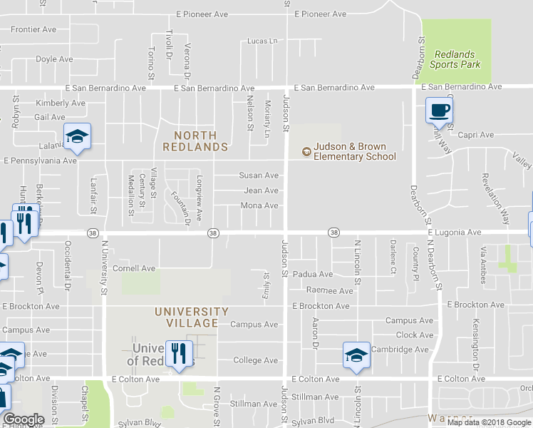 map of restaurants, bars, coffee shops, grocery stores, and more near 1319 Rosalie Court in Redlands