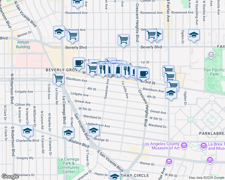 map of restaurants, bars, coffee shops, grocery stores, and more near 8265 4th Street in Los Angeles