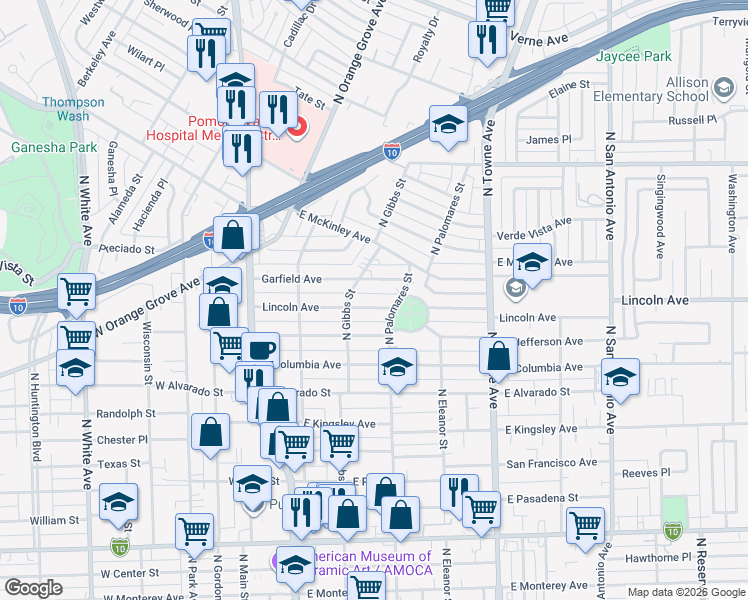 map of restaurants, bars, coffee shops, grocery stores, and more near 365 Lincoln Avenue in Pomona