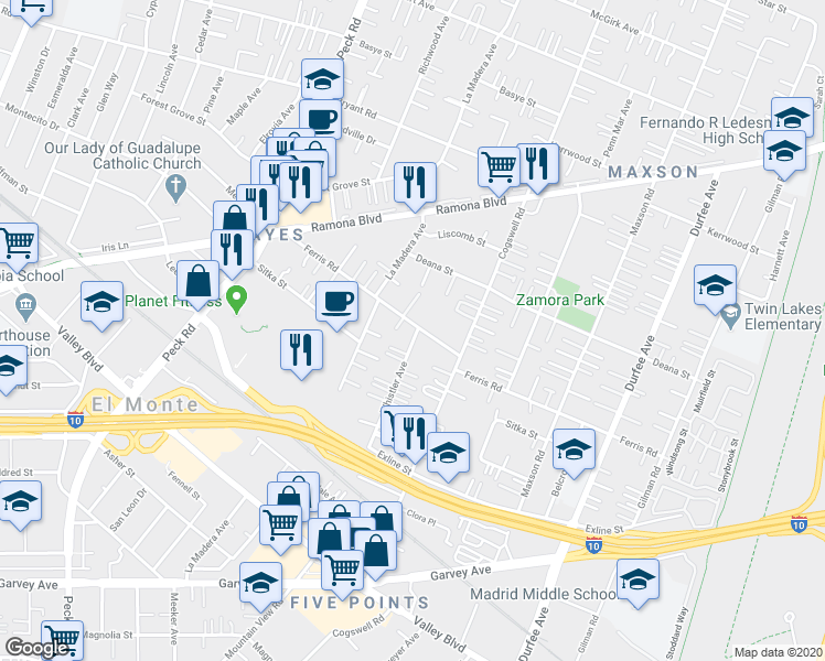 map of restaurants, bars, coffee shops, grocery stores, and more near 3587 Whistler Avenue in El Monte