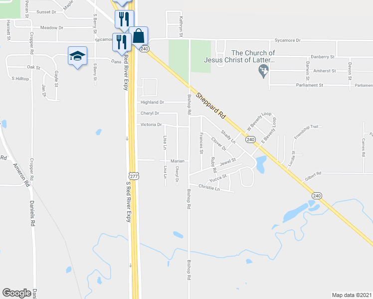 map of restaurants, bars, coffee shops, grocery stores, and more near 1116 Bishop Road in Burkburnett