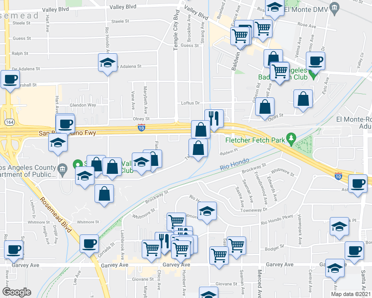 map of restaurants, bars, coffee shops, grocery stores, and more near 9671 Telstar Ave in El Monte