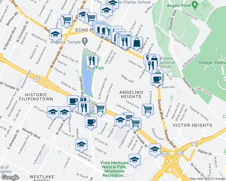 map of restaurants, bars, coffee shops, grocery stores, and more near 666-668 Laveta Terrace in Los Angeles