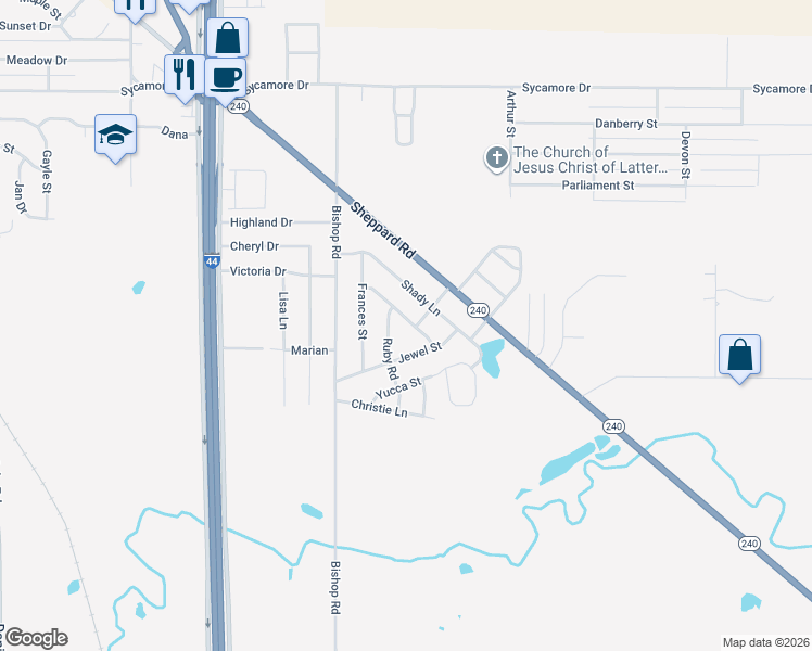 map of restaurants, bars, coffee shops, grocery stores, and more near 1204 Clover Drive in Burkburnett