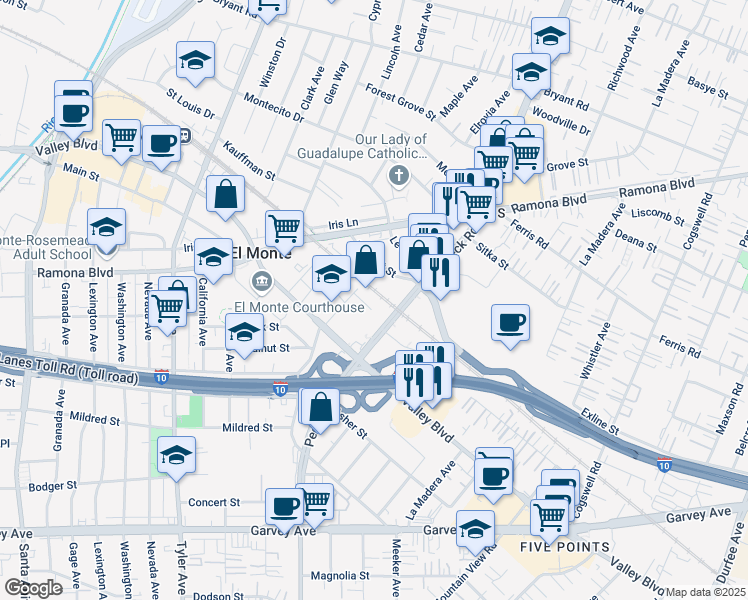 map of restaurants, bars, coffee shops, grocery stores, and more near 3550 Meeker Avenue in El Monte