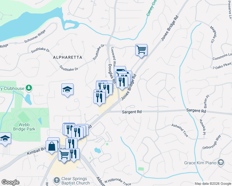 map of restaurants, bars, coffee shops, grocery stores, and more near 11857 Douglas Road in Johns Creek