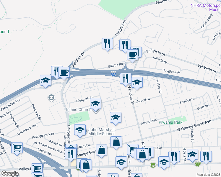 map of restaurants, bars, coffee shops, grocery stores, and more near 1616 Winn Court in Pomona