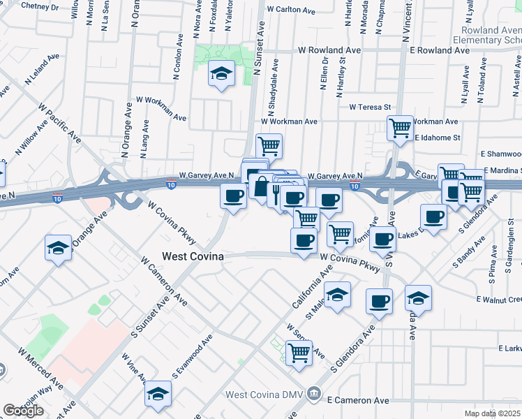 map of restaurants, bars, coffee shops, grocery stores, and more near 112 Plaza Drive in West Covina
