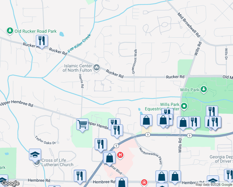 map of restaurants, bars, coffee shops, grocery stores, and more near 735 Melbourne Trail in Alpharetta